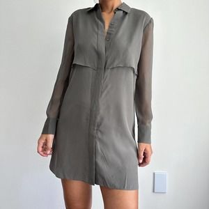 Club Monaco Silk Dress Womens 2 Tunic Shirt Overlay Chiffon Gray/Olive hue gray
